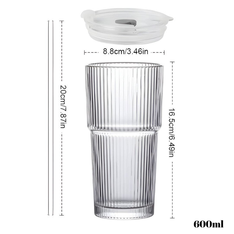 Ribbed Glass Tumbler with Lid & Straw Stylish Drinking Cup