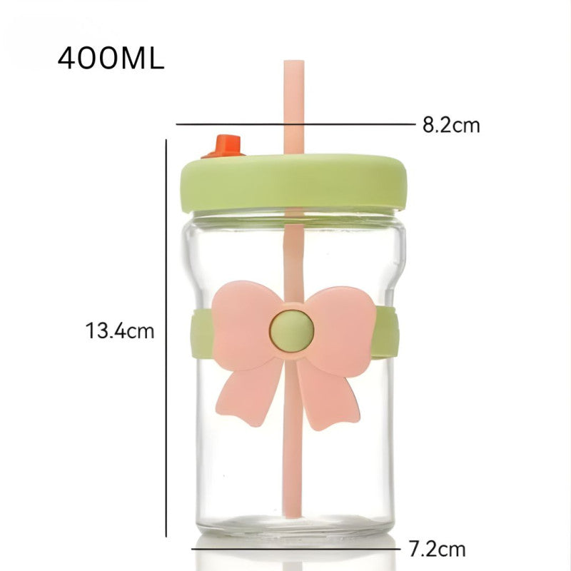 Cute Aesthetic Glass Cup 400ML Flower & Bow Design