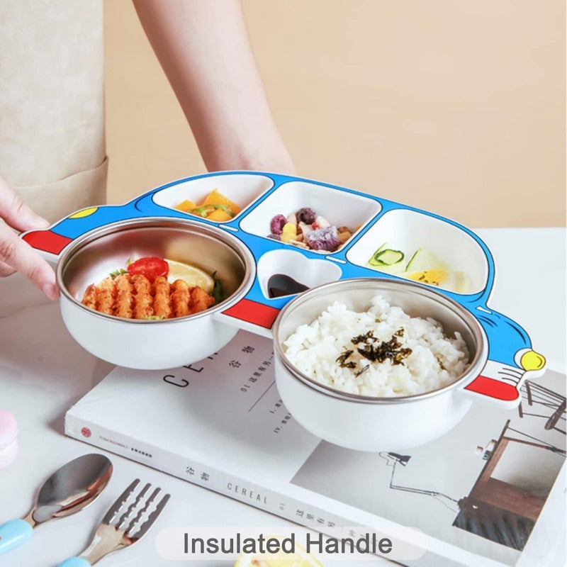 Portion Car Plate with Steel Bowl Kids Meal Set