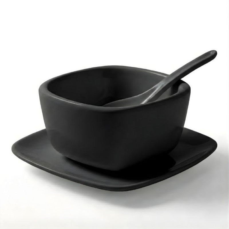 Trifle Black Bowl With Saucer And Spoon For Serving Soups