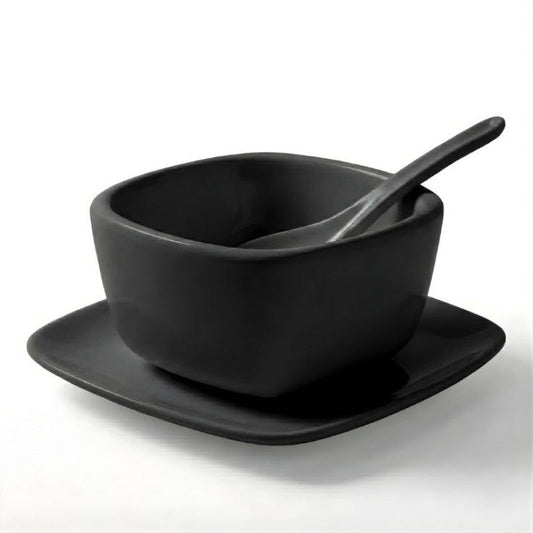 Trifle Black Bowl With Saucer And Spoon For Serving Soups