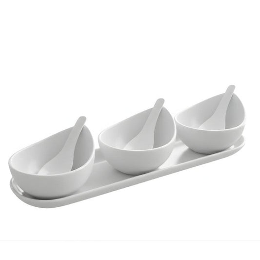 Melamine 7 PCS White Serving Set OF Bowls And Soup Spoons With Tray