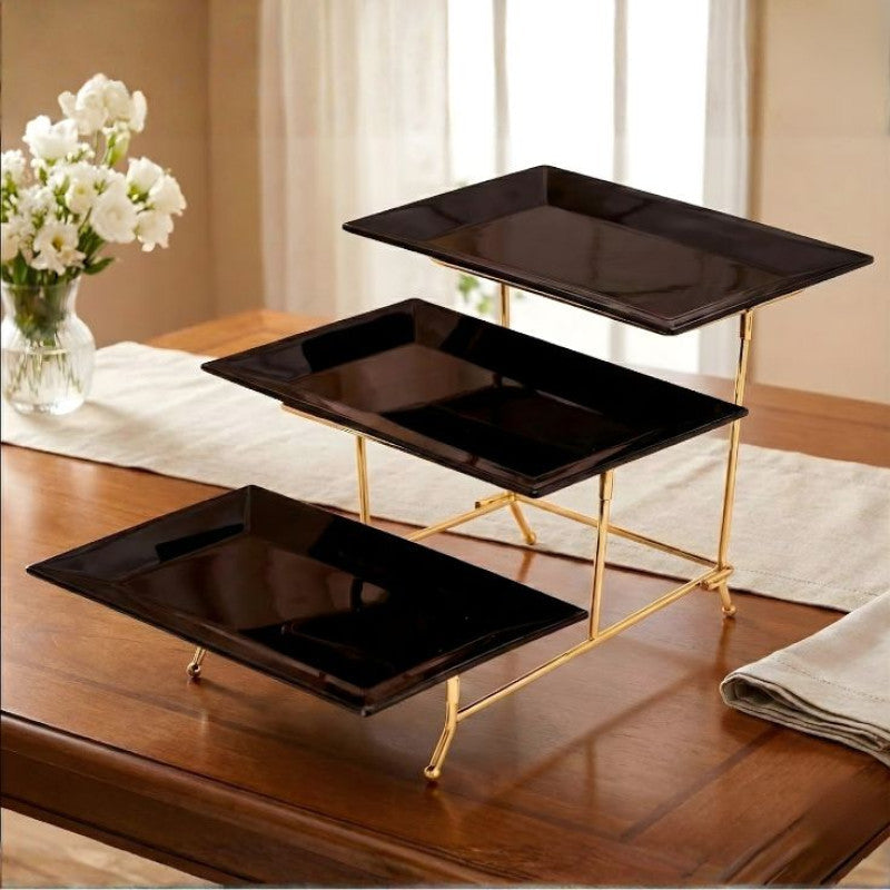 Melamine 3 Black Small Platter With Golden Stand