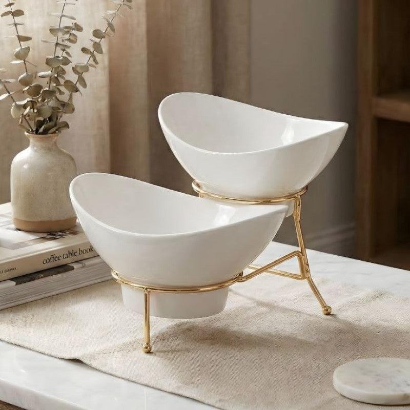 Melamine 1 Medium And 1 Small White Lotus Bowls With Golden Stand