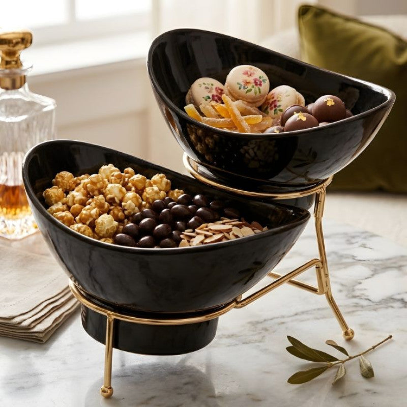 Melamine 1 Medium And 1 Small Black Lotus Bowls With Golden Stand