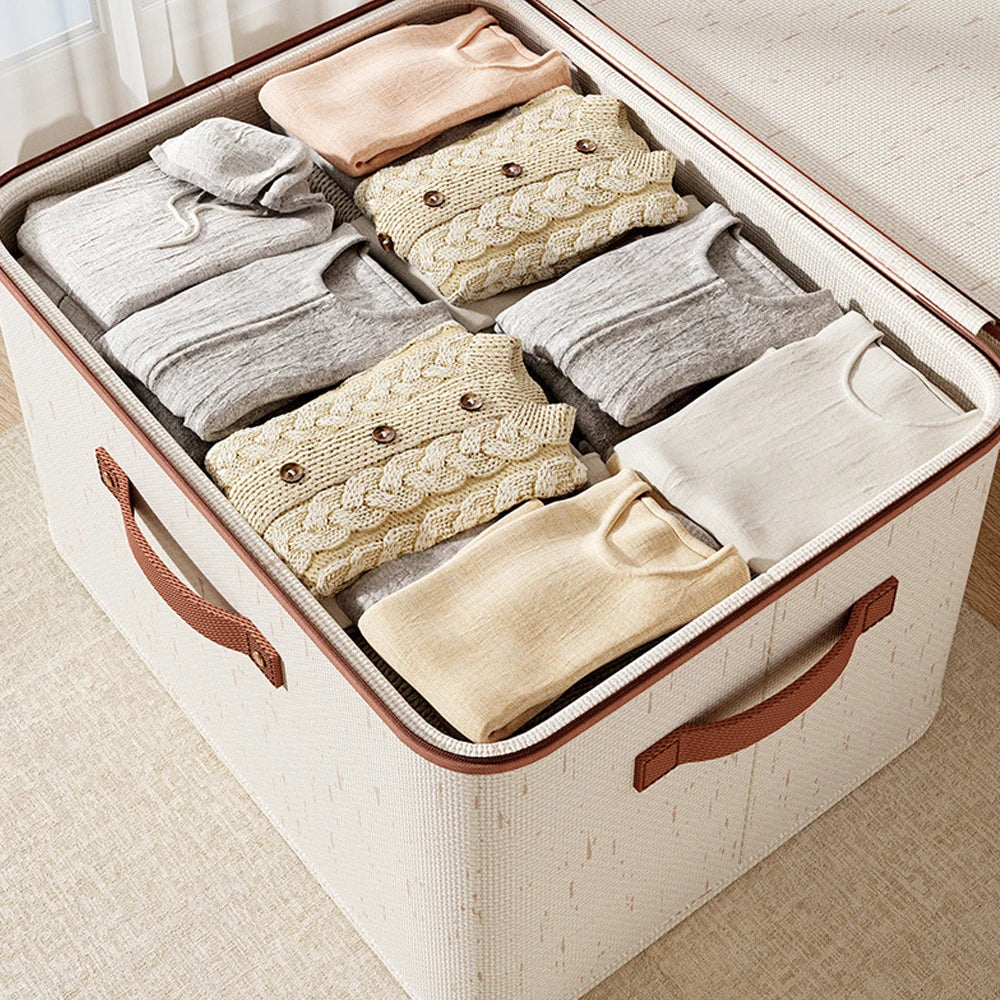 Collapsible Linen Clothes Storage Organizer Box With Dual Zipper