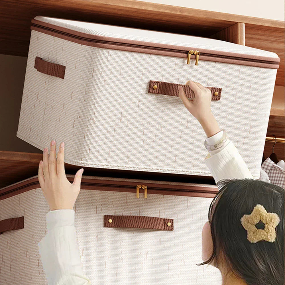 Collapsible Linen Clothes Storage Organizer Box With Dual Zipper