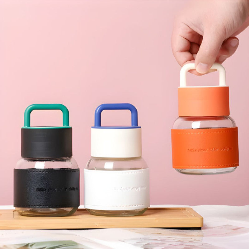 Borosilicate Glass Water Bottle Silicone Sleeve & Handle Lid