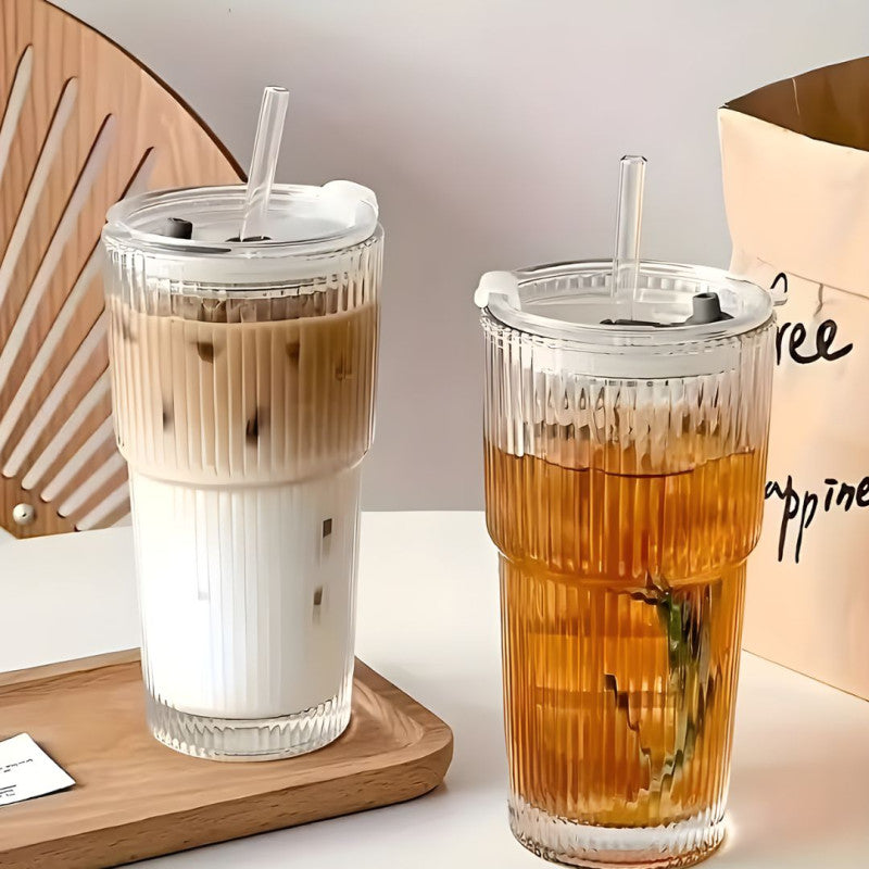 Ribbed Glass Tumbler with Lid & Straw Stylish Drinking Cup