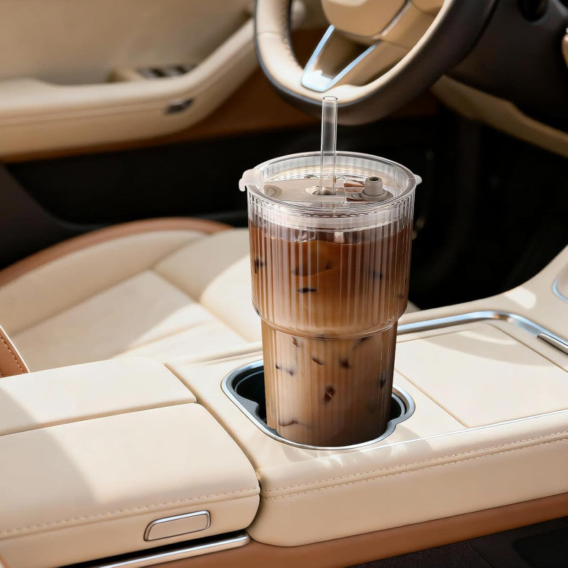 Ribbed Glass Tumbler with Lid & Straw Stylish Drinking Cup