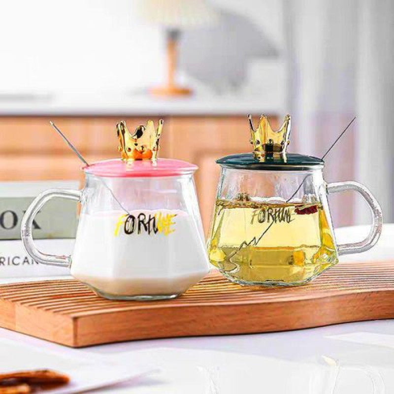 Glass Mug with Crown Lid Premium Drinking Cup