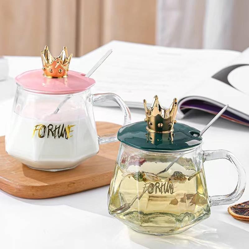 Glass Mug with Crown Lid Premium Drinking Cup