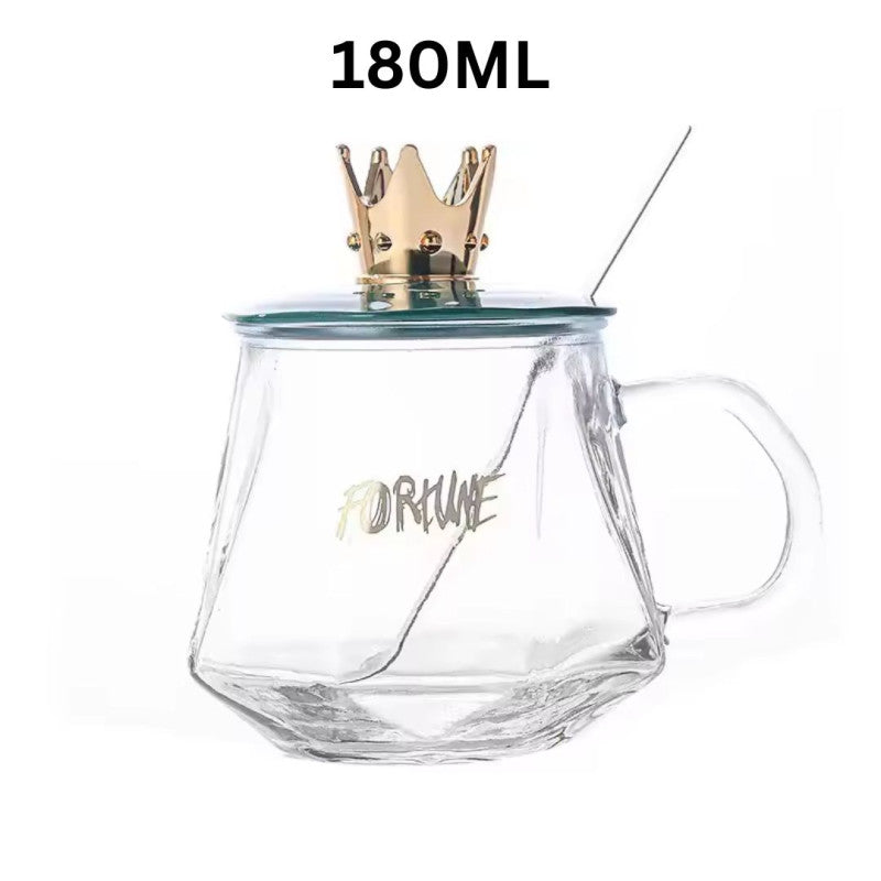 Glass Mug with Crown Lid Premium Drinking Cup