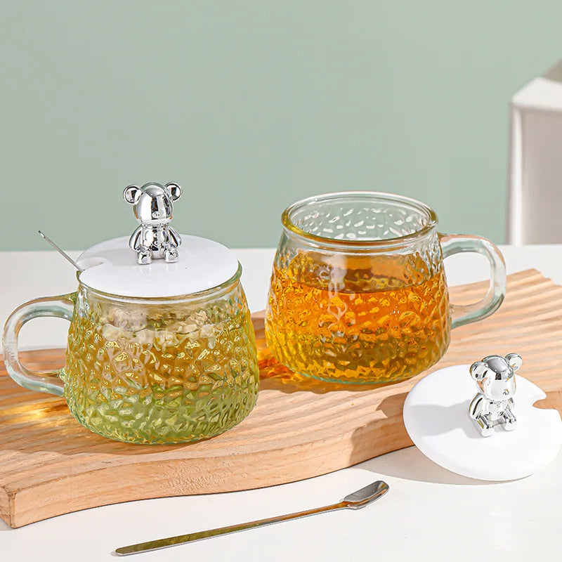 Cute Bunny Textured Glass Mug Premium Cup with Stirring Spoon