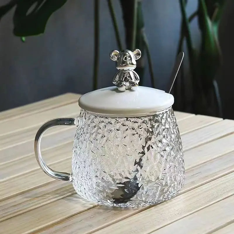 Cute Bunny Textured Glass Mug Premium Cup with Stirring Spoon