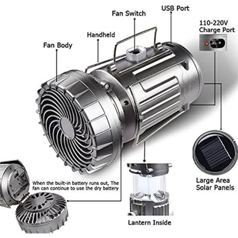 6 in 1 Portable Outdoor LED Camping Lantern with Fan Solar Rechargeable Power Bank Light